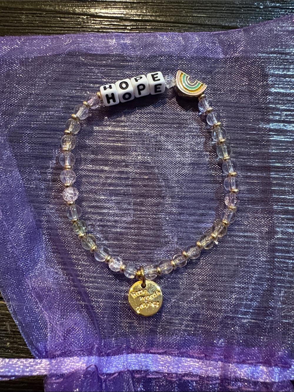 Clear Beaded 'Hope' Bracelet with Gold Charm and Rainbow Accent